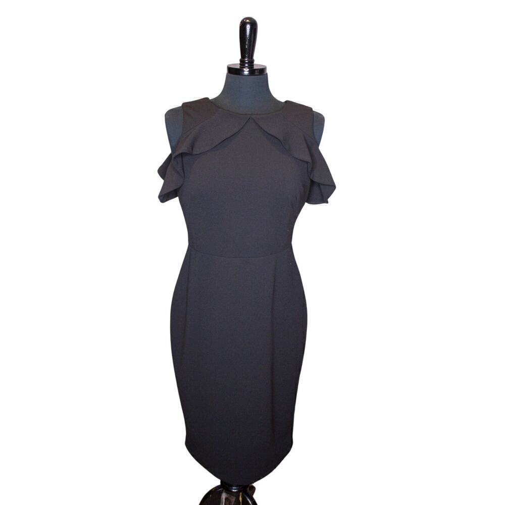 Calvin Klein Ruffled Cold Shoulder Sheath Dress Black Minimalist LBD 8